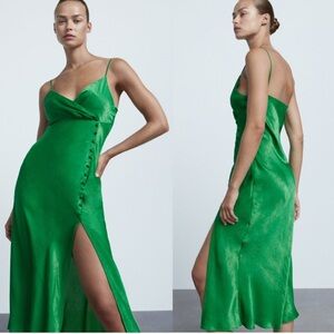Zara emerald green satin dress‎ NWT